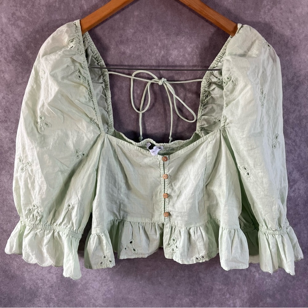 Zara Blouse Women Medium Sage Green Embroidered Eyelet Puff Sleeve Mint Top Boho